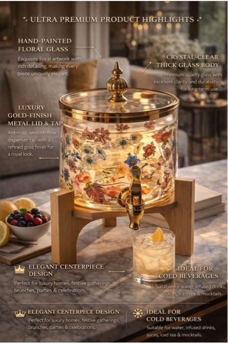 Glass Beverage Dispenser with Wooden Stand, 2.6 Litre, Amber Floral Print, Gold Deer Lid, Tap Spigot, Water Juice Cold Drink Dispenser
