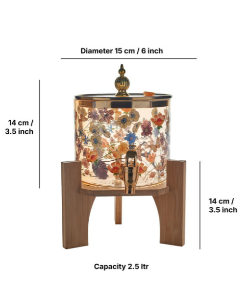 Glass Beverage Dispenser with Wooden Stand, 2.6 Litre, Amber Floral Print, Gold Deer Lid, Tap Spigot, Water Juice Cold Drink Dispenser