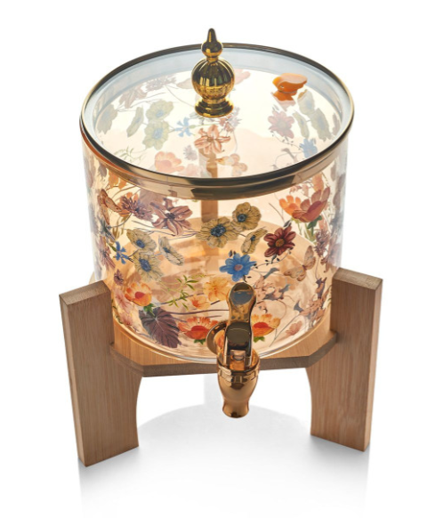 Glass Beverage Dispenser with Wooden Stand, 2.6 Litre, Amber Floral Print, Gold Deer Lid, Tap Spigot, Water Juice Cold Drink Dispenser