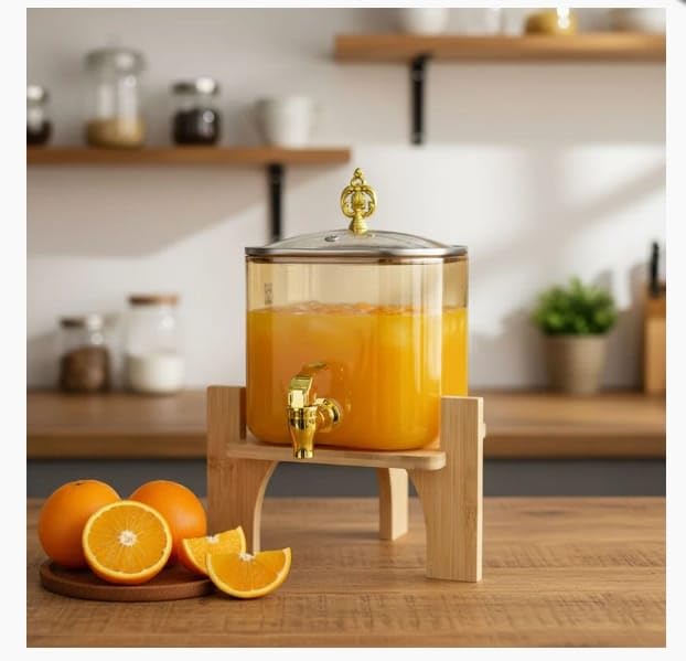 Glass Beverage Dispenser with Wooden Stand and Gold Finish Tap, 3 Litre Square Juice Jar with Metal Lid for Home Parties, Weddings, and Kitchen Decor.