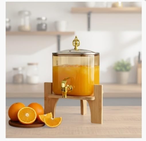 Glass Beverage Dispenser with Wooden Stand and Gold Finish Tap, 3 Litre Square Juice Jar with Metal Lid for Home Parties, Weddings, and Kitchen Decor.