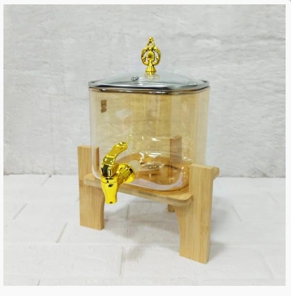 Glass Beverage Dispenser with Wooden Stand and Gold Finish Tap, 3 Litre Square Juice Jar with Metal Lid for Home Parties, Weddings, and Kitchen Decor.