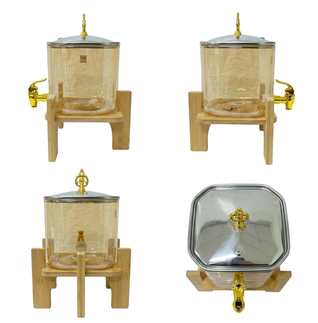 Glass Beverage Dispenser with Wooden Stand and Gold Finish Tap, 3 Litre Square Juice Jar with Metal Lid for Home Parties, Weddings, and Kitchen Decor.