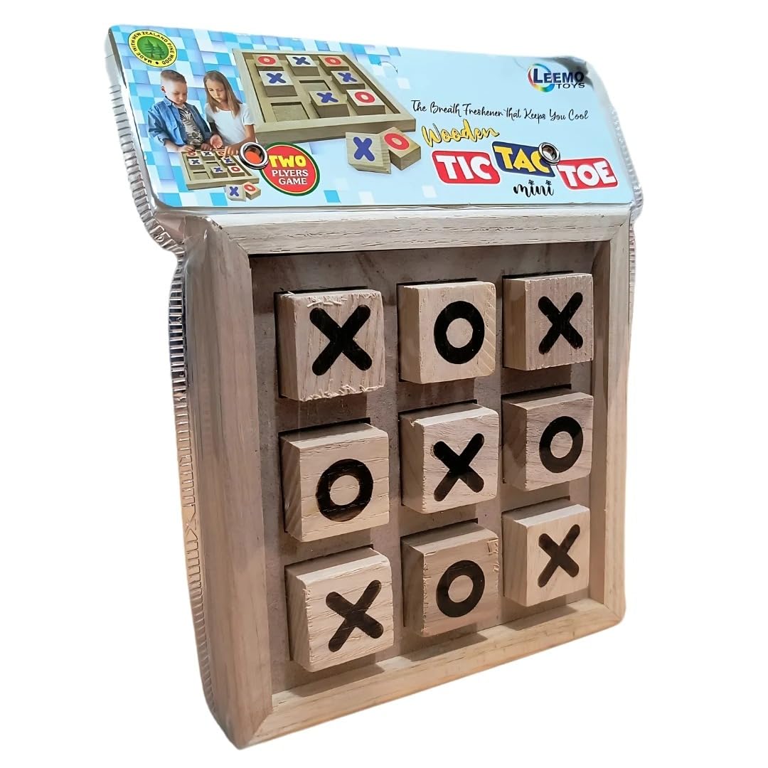 LEEMO Toys Wooden Tic Tac Toe Board Game, Mini 2-Player Strategy Game, Natural Wood Construction, Classic Family Entertainment
