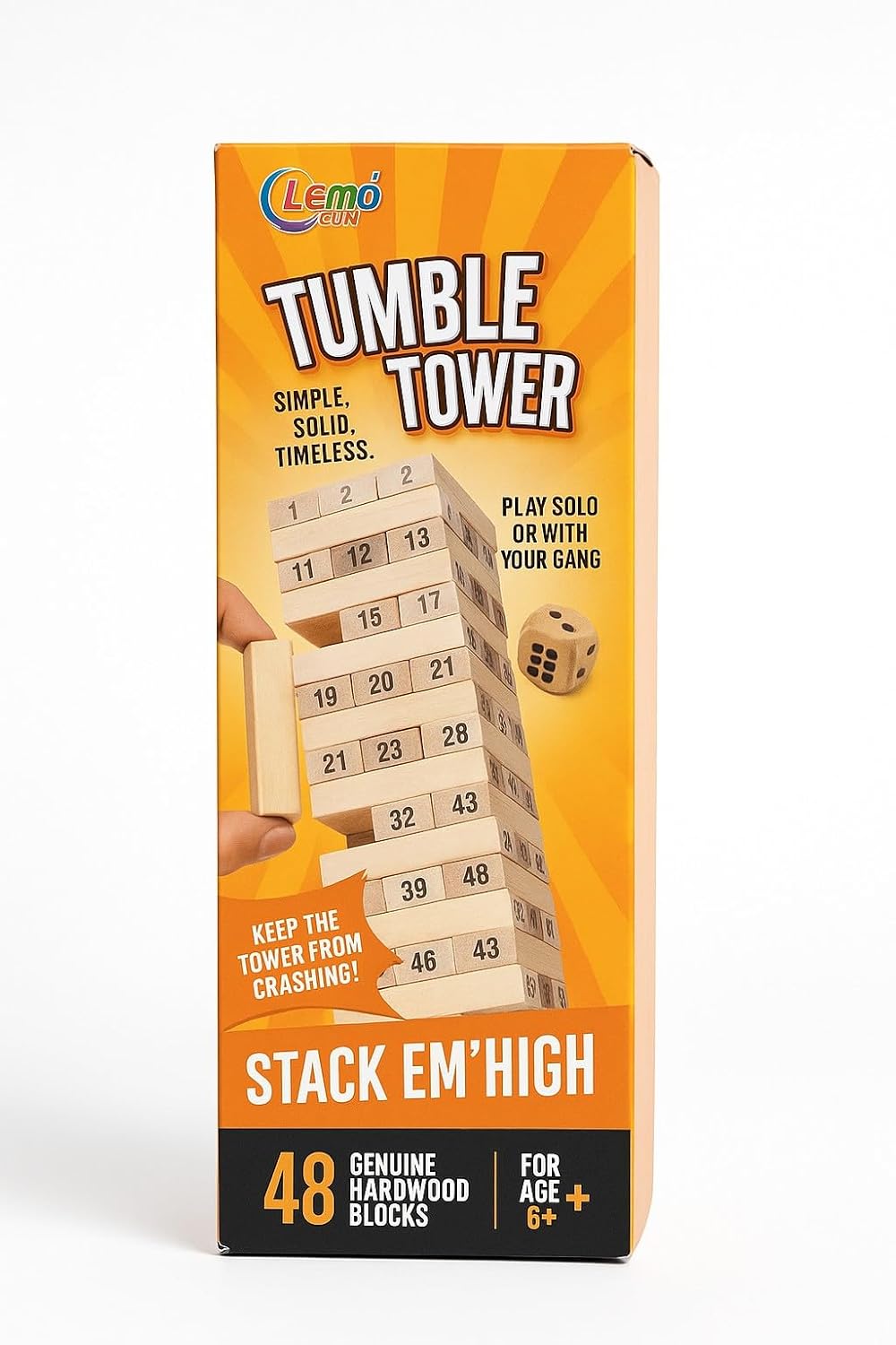 48pcs Hardwood Tumbling Tower,4 Dices | Wooden Building Blocks | Stacking Tower Game |Party Game, Birthday Gift for Adults and Kids Age 6+, Multiplayers