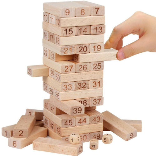 48pcs Hardwood Tumbling Tower,4 Dices | Wooden Building Blocks | Stacking Tower Game |Party Game, Birthday Gift for Adults and Kids Age 6+, Multiplayers