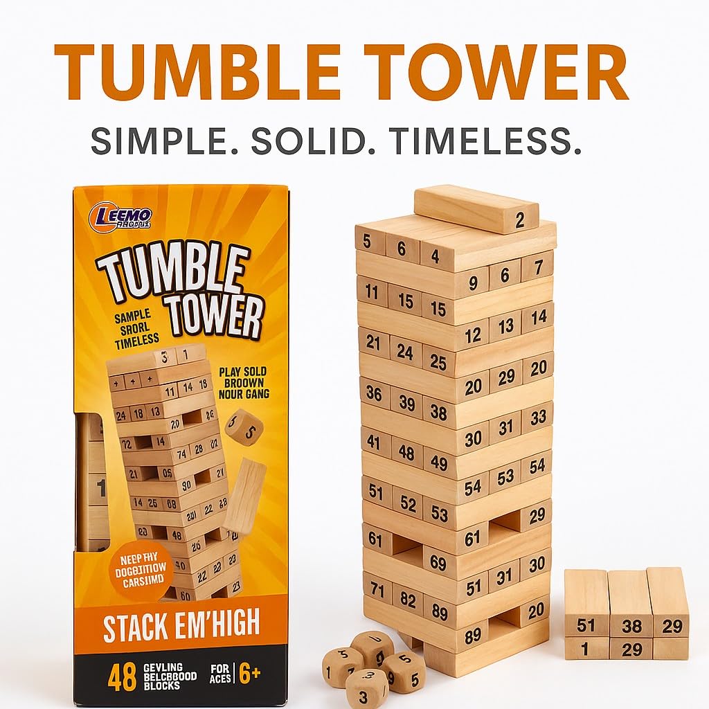 48pcs Hardwood Tumbling Tower,4 Dices | Wooden Building Blocks | Stacking Tower Game |Party Game, Birthday Gift for Adults and Kids Age 6+, Multiplayers