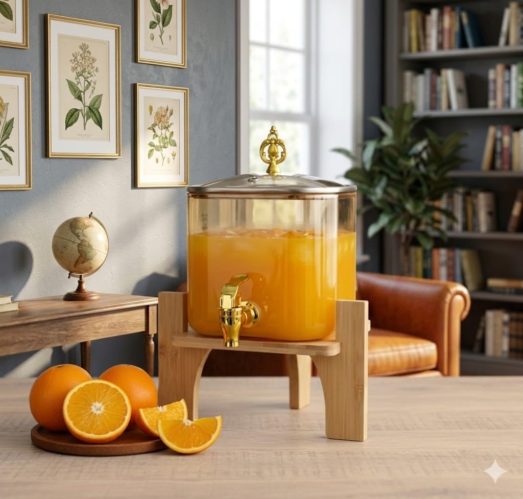 Glass Beverage Dispenser with Wooden Stand and Gold Finish Tap, 3 Litre Square Juice Jar with Metal Lid for Home Parties, Weddings, and Kitchen Decor.