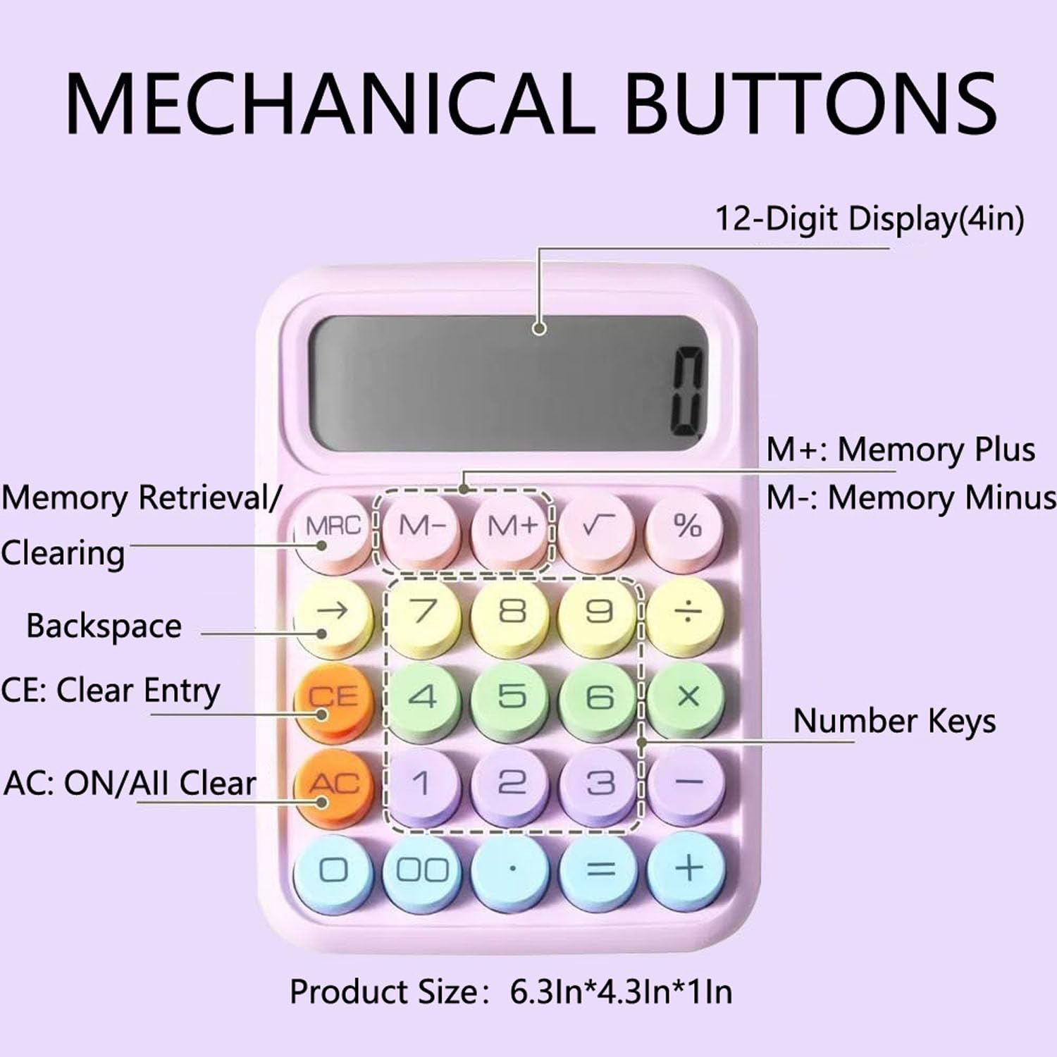 Mechanical Calculator, Cute Pink Calculators Desktop, 12 Digit Desk Calculators with Large LCD Display Big Button for Office Home and School (Pink)