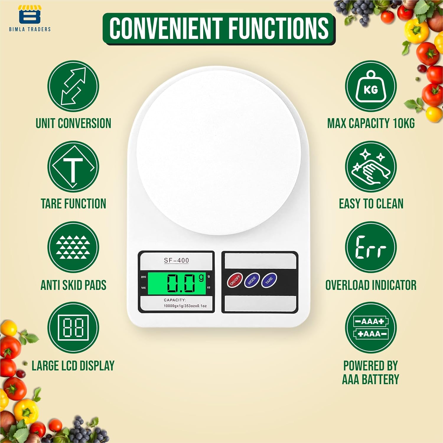 Digital Kitchen Weighing Scale | 10Kg x 1g Precision | Food Scale with LCD Display for Cooking, Baking, Meal Prep & Healthy Diet | Compact Electronic Weight Machine for Home Use.(White)