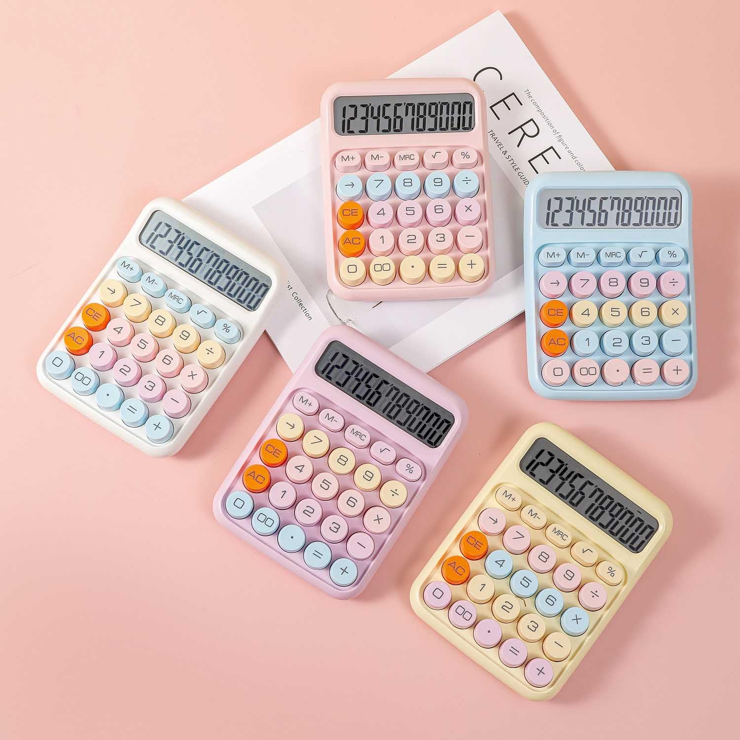 Mechanical Calculator, Cute Pink Calculators Desktop, 12 Digit Desk Calculators with Large LCD Display Big Button for Office Home and School (Pink)