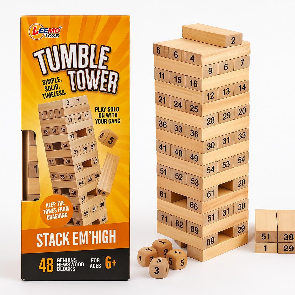 48pcs Hardwood Tumbling Tower,4 Dices | Wooden Building Blocks | Stacking Tower Game |Party Game, Birthday Gift for Adults and Kids Age 6+, Multiplayers