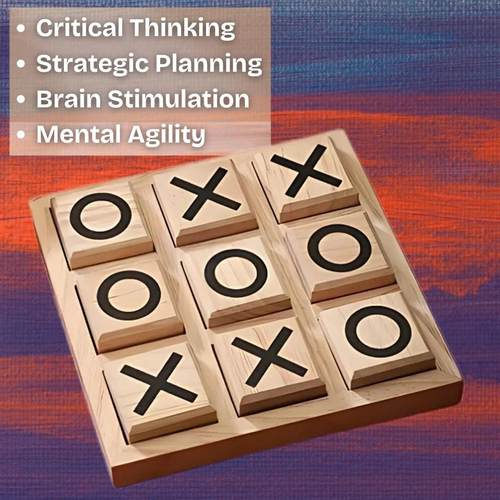 LEEMO Toys Wooden Tic Tac Toe Board Game, Mini 2-Player Strategy Game, Natural Wood Construction, Classic Family Entertainment