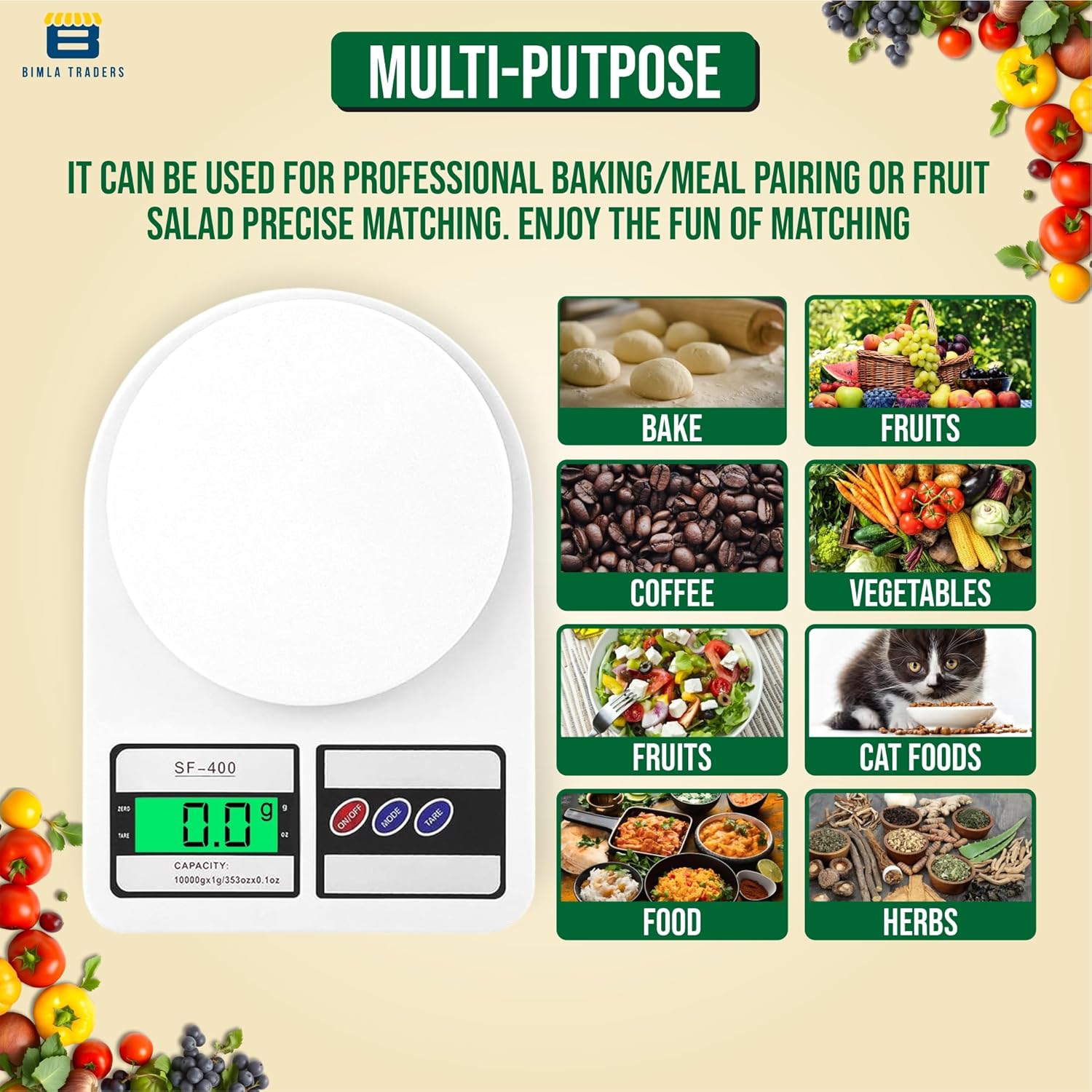 Digital Kitchen Weighing Scale | 10Kg x 1g Precision | Food Scale with LCD Display for Cooking, Baking, Meal Prep & Healthy Diet | Compact Electronic Weight Machine for Home Use.(White)