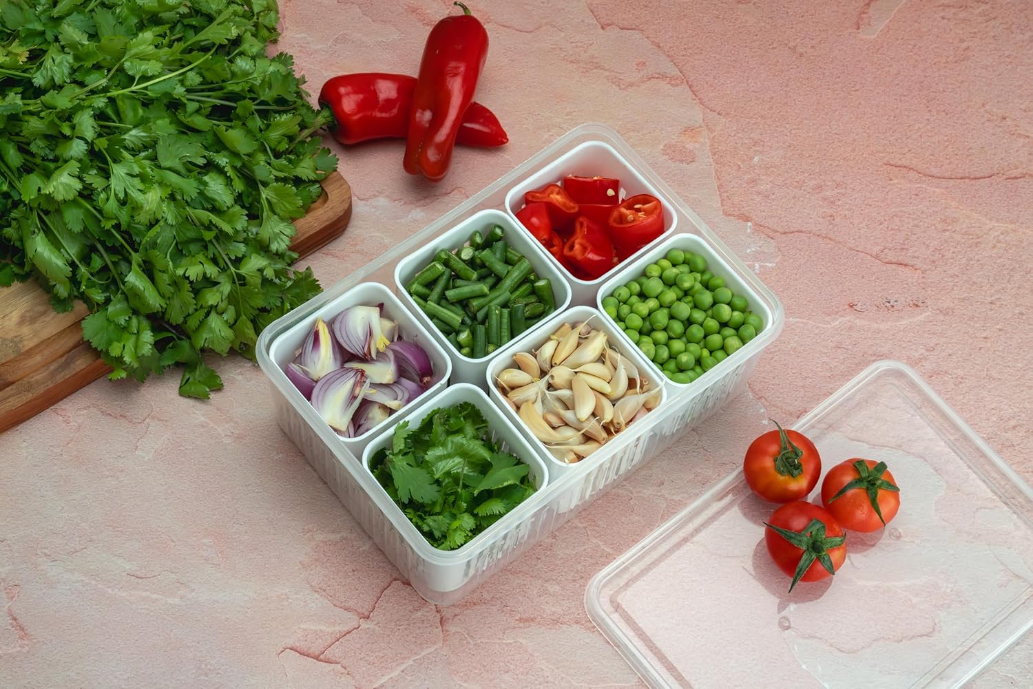 Fridge Organizer Storage Box with 6 Compartment - Plastic Storage Box for Vegetables, Fruits, Herbs & Meal Prep - Ideal for Home & Kitchen, Office & BPA-Free Food Storage Organizer (Pack of 1)