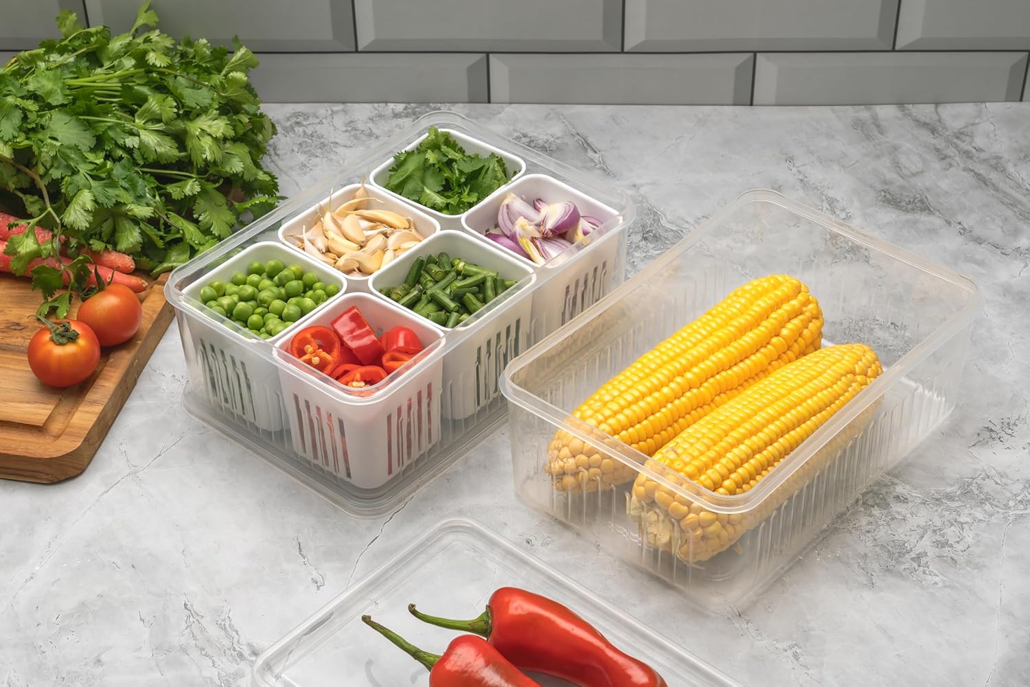 Fridge Organizer Storage Box with 6 Compartment - Plastic Storage Box for Vegetables, Fruits, Herbs & Meal Prep - Ideal for Home & Kitchen, Office & BPA-Free Food Storage Organizer (Pack of 1)
