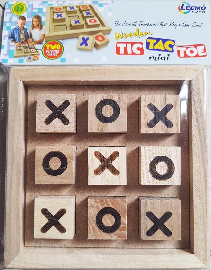 LEEMO Toys Wooden Tic Tac Toe Board Game, Mini 2-Player Strategy Game, Natural Wood Construction, Classic Family Entertainment