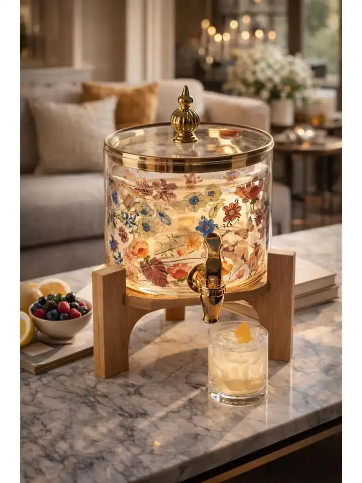 Glass Beverage Dispenser with Wooden Stand, 2.6 Litre, Amber Floral Print, Gold Deer Lid, Tap Spigot, Water Juice Cold Drink Dispenser