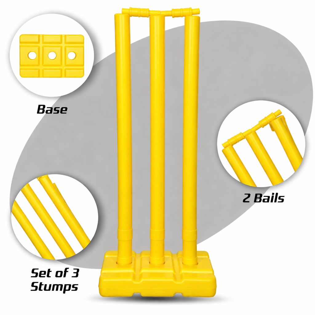 Cricket Wicket Set, Heavy Plastic Cricket Stumps Set - 3 Stumps + 2 Bails + 1 Base Stand