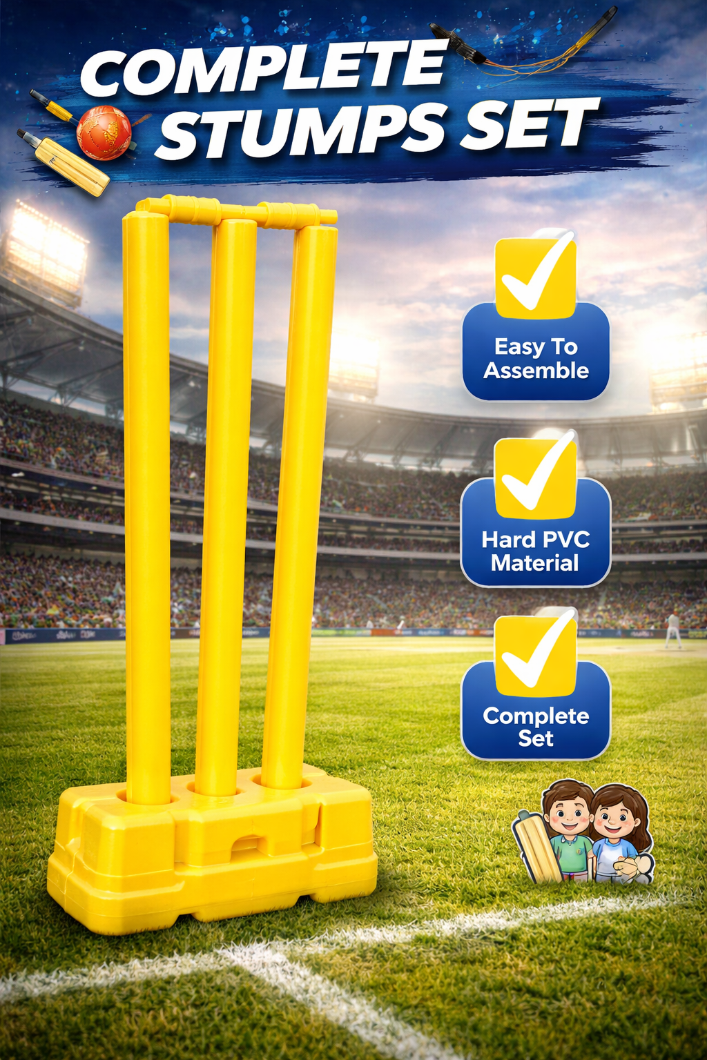 Cricket Wicket Set, Heavy Plastic Cricket Stumps Set - 3 Stumps + 2 Bails + 1 Base Stand