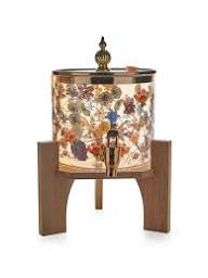Glass Beverage Dispenser with Wooden Stand, 2.6 Litre, Amber Floral Print, Gold Deer Lid, Tap Spigot, Water Juice Cold Drink Dispenser